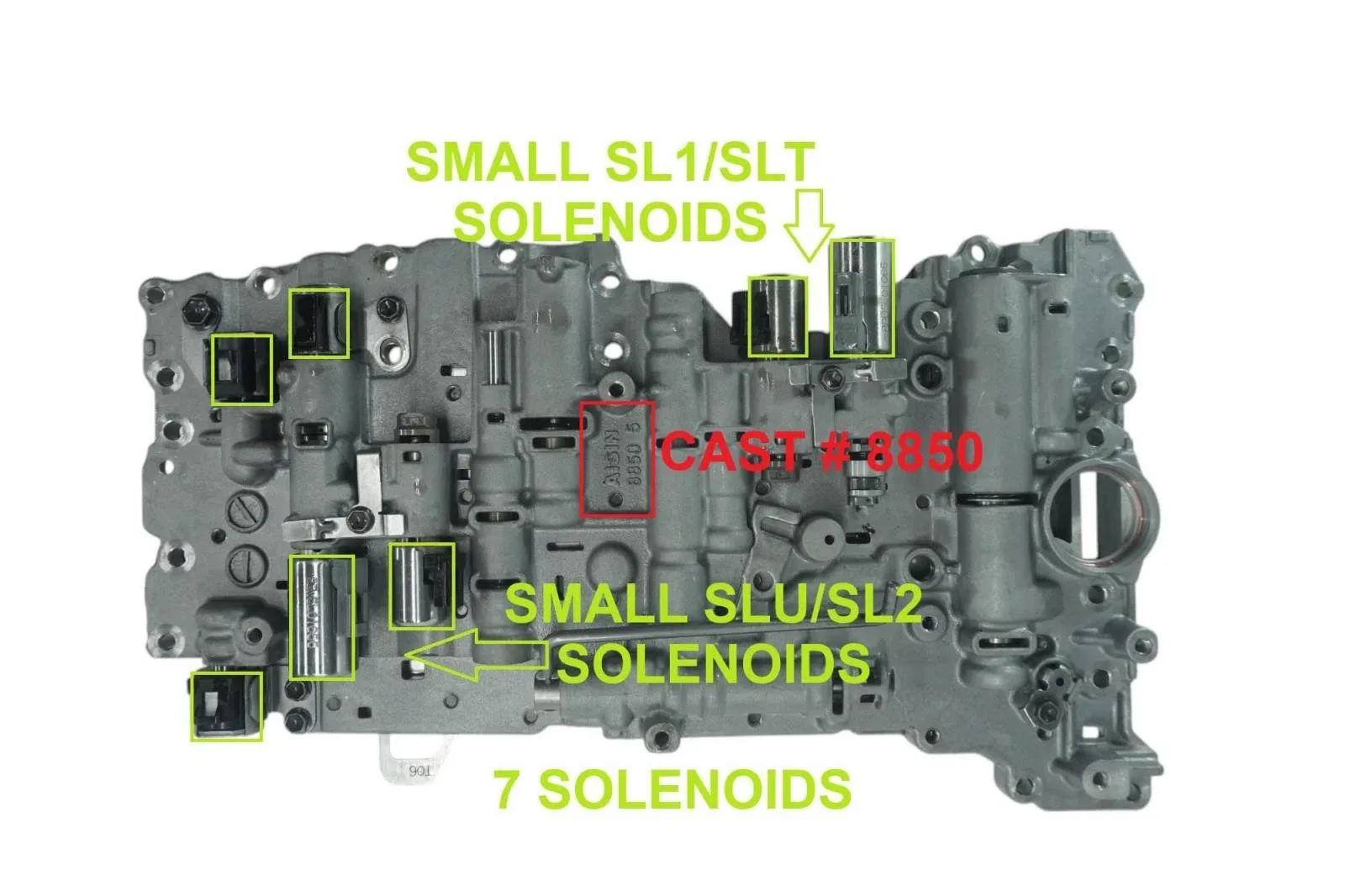 117740DA - A750E A750F, VALVE BODY, 7 SOLENOIDS, SMALL SOL, CAST: 8850, T02/T06 image 2