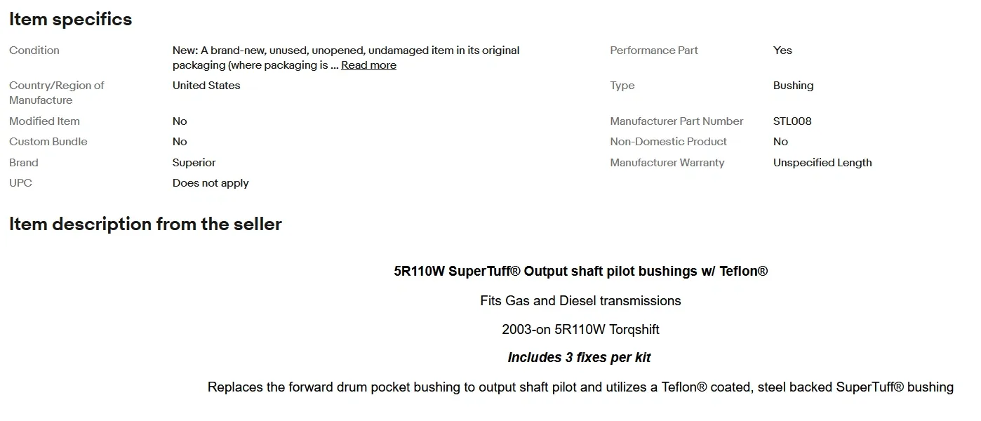 Ford 5R110W SuperTuff Output Shaft Pilot Bushings K0143 image 3