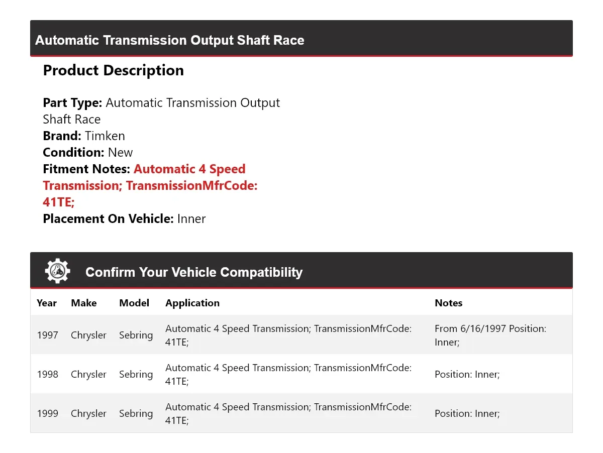 1997-1999 Chrysler Sebring Automatic Transmission Output Shaft Race Timken 455HK02 image 2