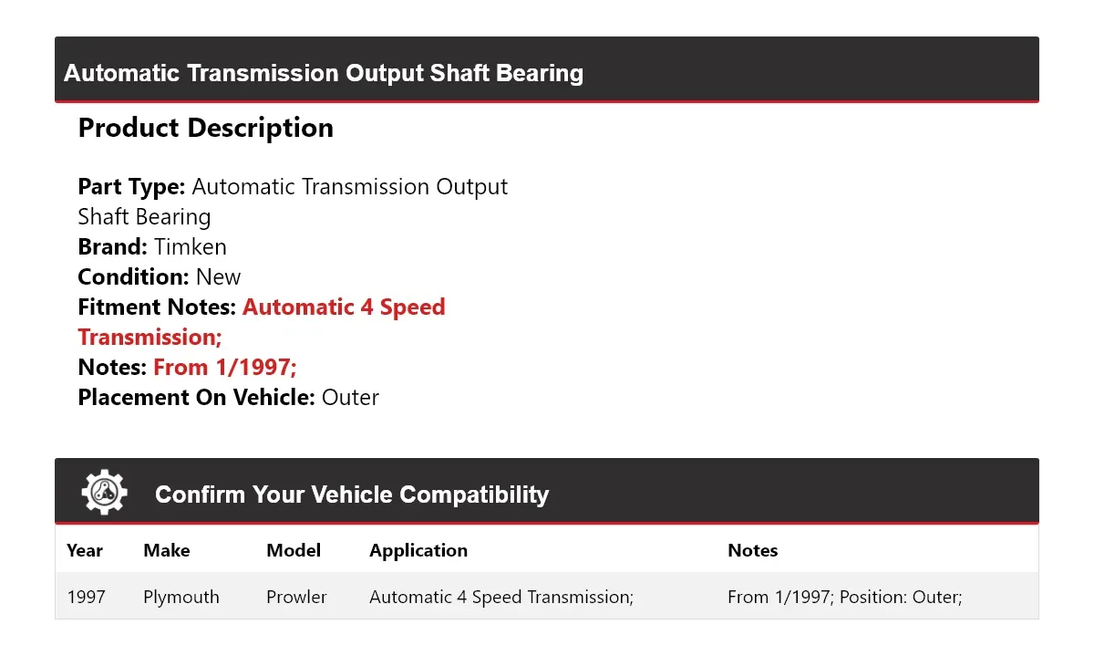 1997 Plymouth Prowler Automatic Transmission Output Shaft Bearing Timken 517FC74 image 2