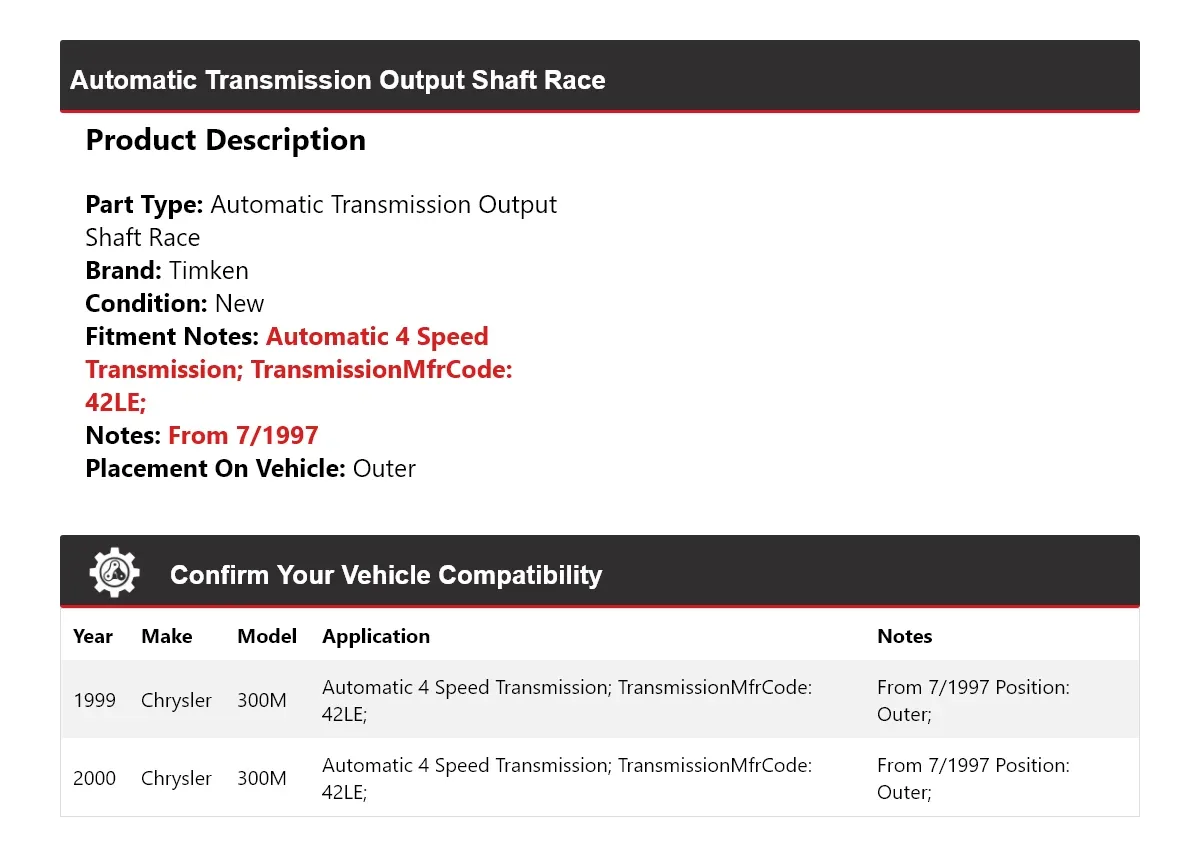 1999-2000 Chrysler 300M Automatic Transmission Output Shaft Race Outer Timken 557YA30 image 2