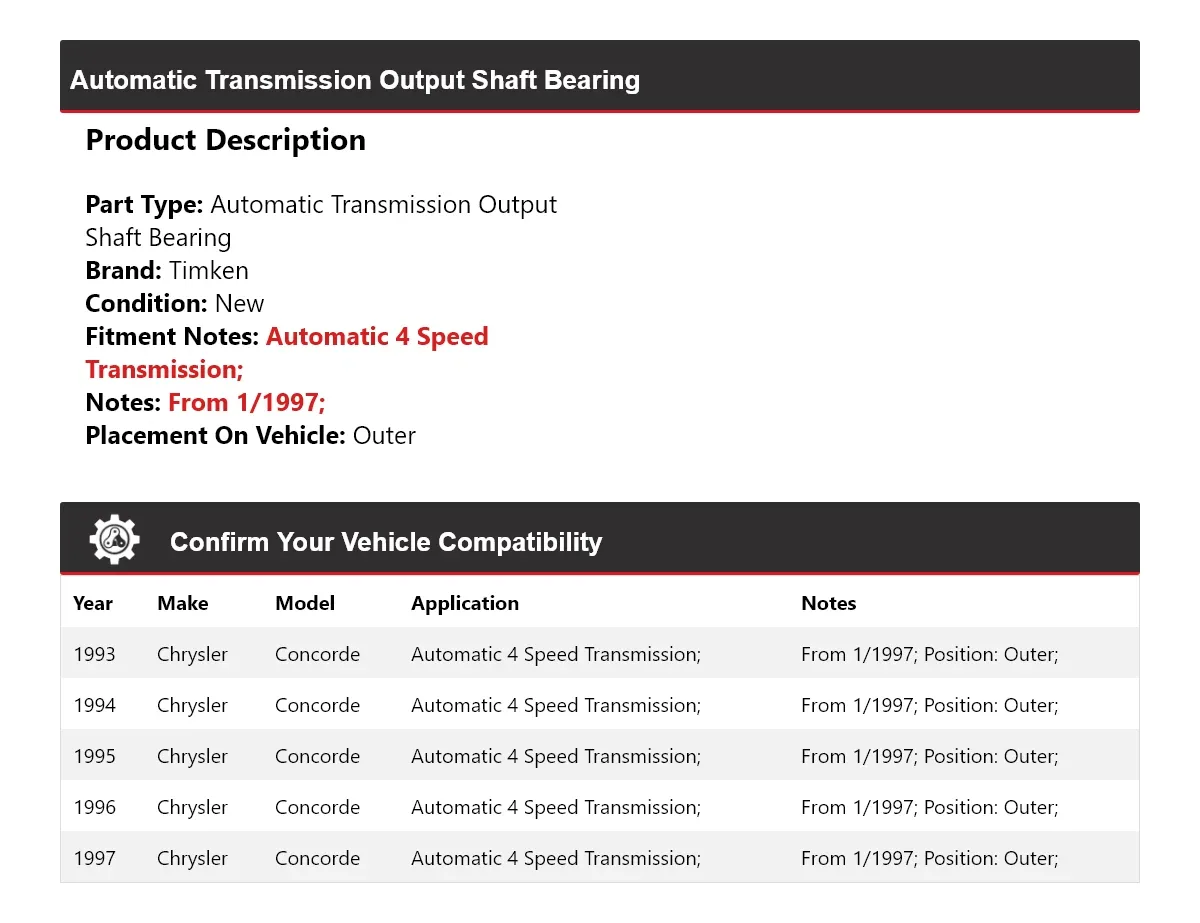 1993-1997 Chrysler Concorde Automatic Transmission Output Shaft Bearing Timken 963NW56 image 2