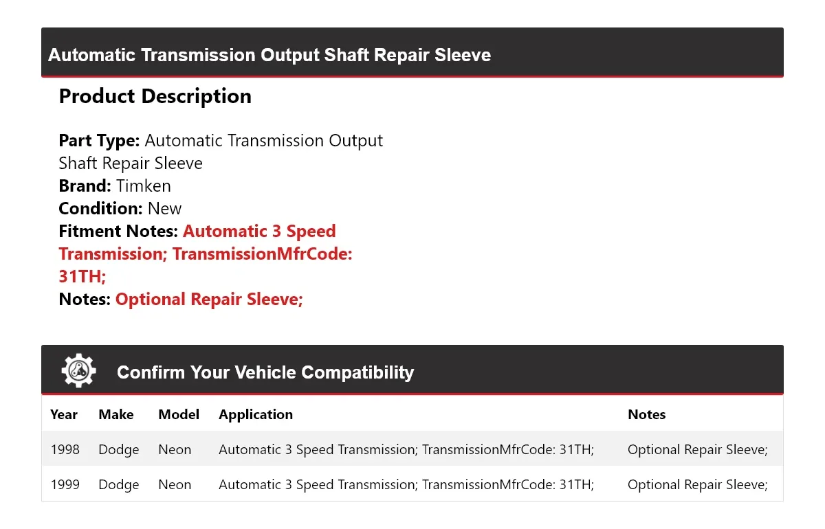 1998-1999 Dodge Neon Automatic Transmission Output Shaft Repair Sleeve Timken 322HA44 image 2