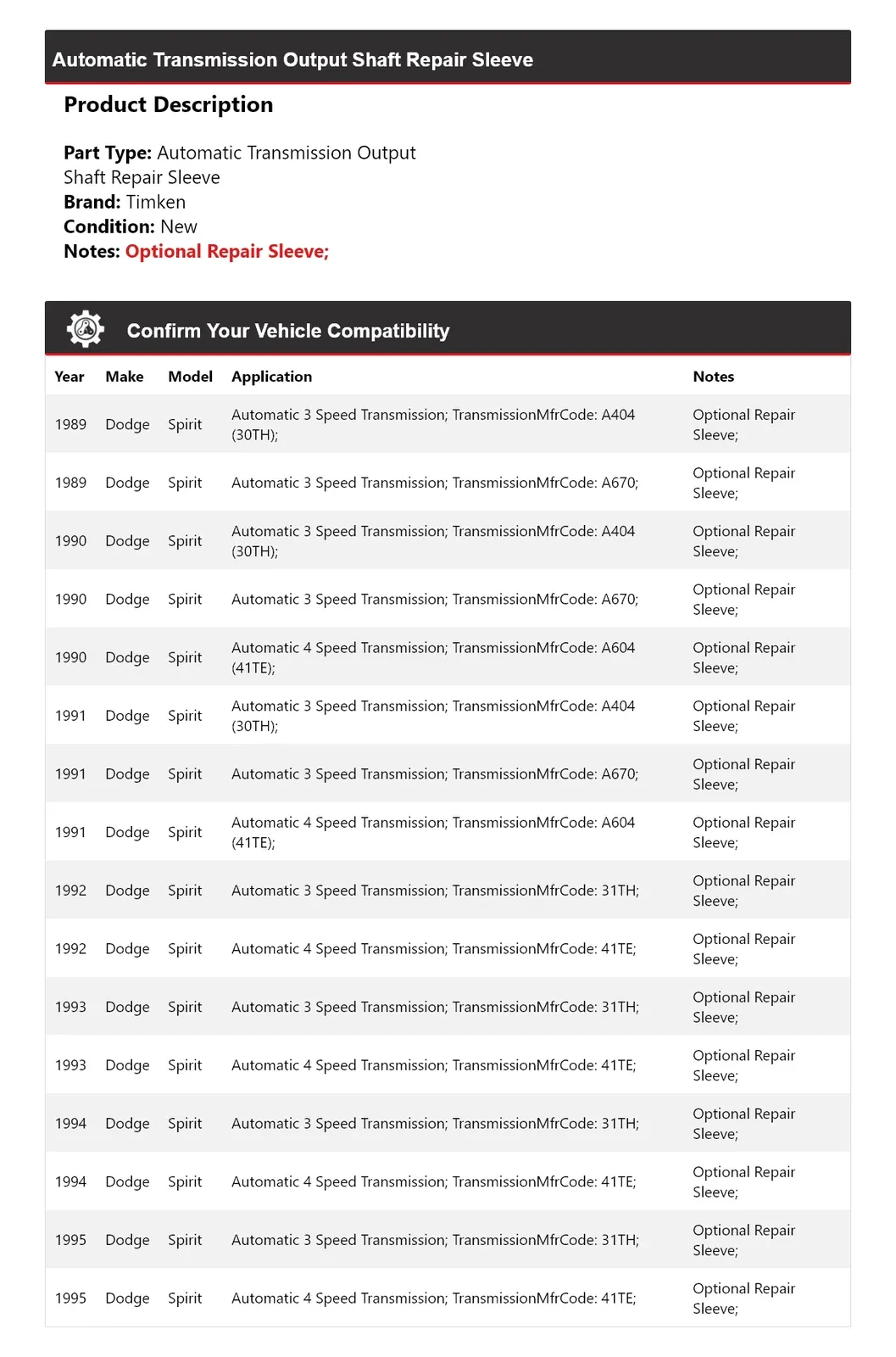 1989-1995 Dodge Spirit Automatic Transmission Output Shaft Repair Sleeve Timken 820FG96 image 2