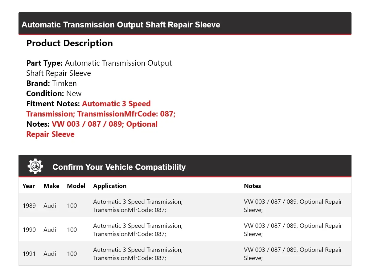 1989-1991 Audi 100 Automatic Transmission Output Shaft Repair Sleeve Timken 421HA60 image 2