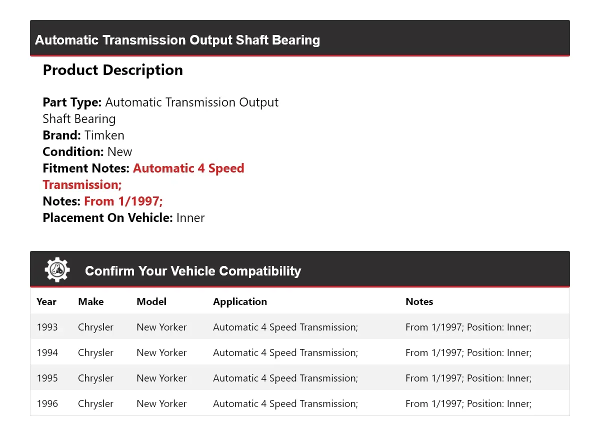1993-1996 Chrysler New Yorker Inner Automatic Transmission Output Shaft Bearing Timken 311VN68 image 2