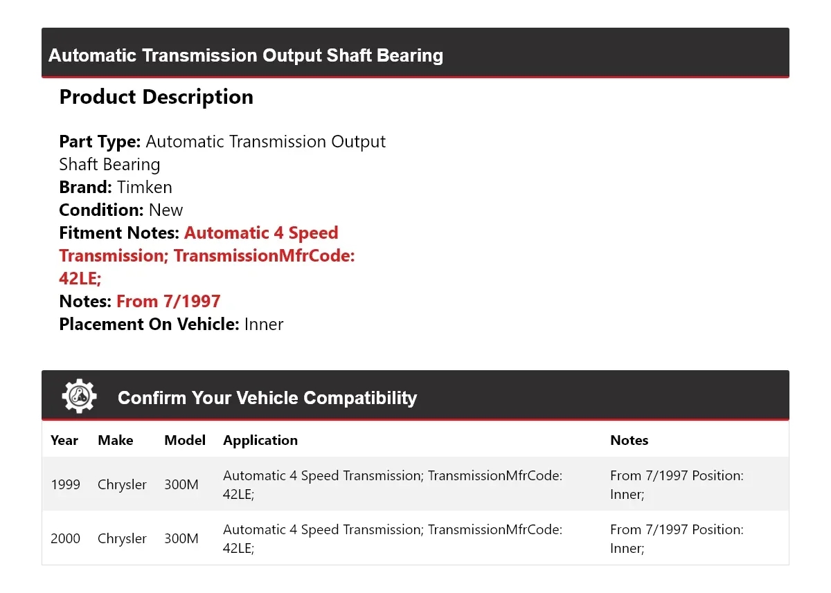 1999-2000 Chrysler 300M Automatic Transmission Output Shaft Bearing Inner - Timken 786BH46 image 2