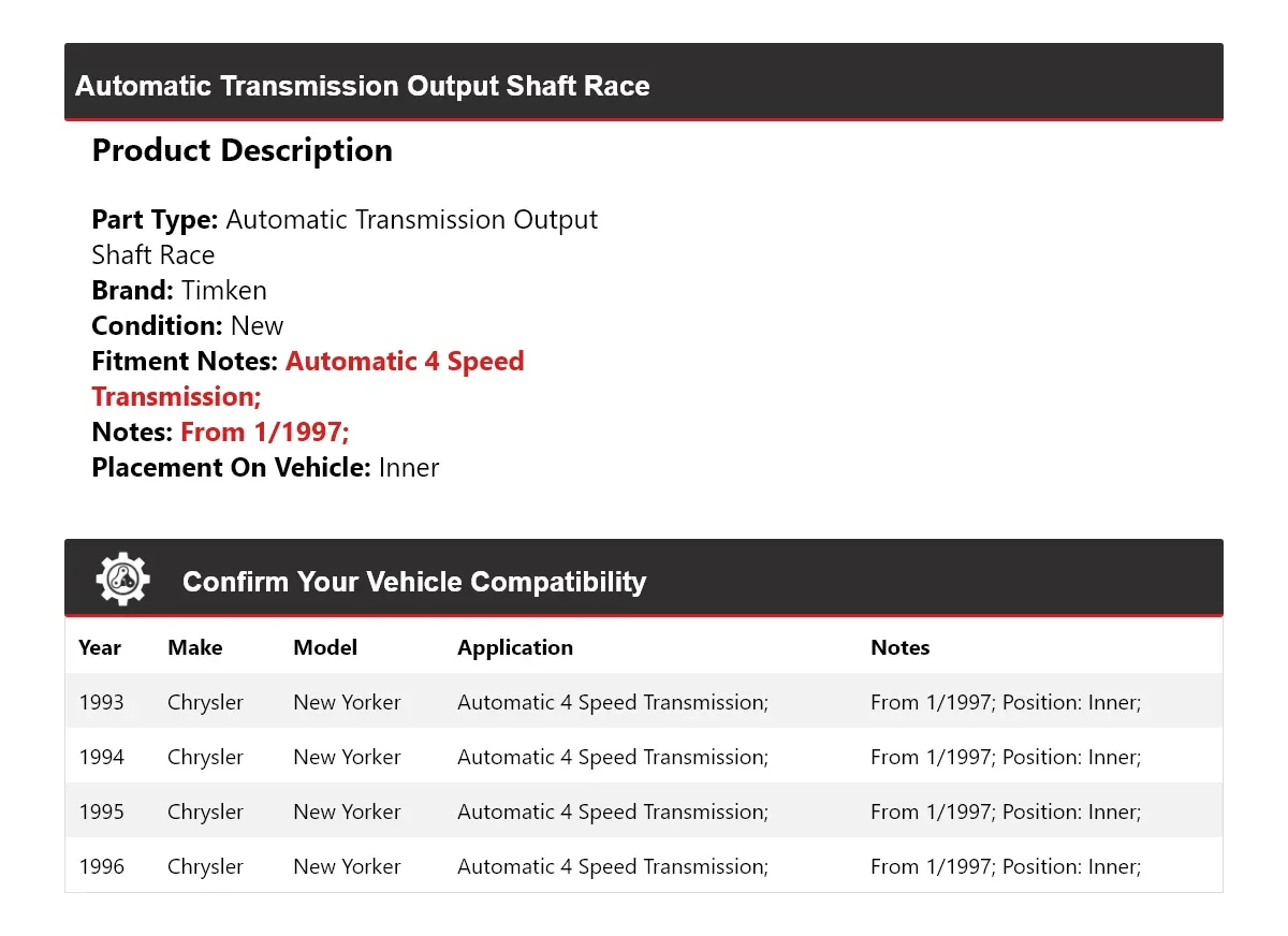 1993-1996 Chrysler New Yorker Automatic Transmission Inner Output Shaft Race Timken 541KG34 image 2