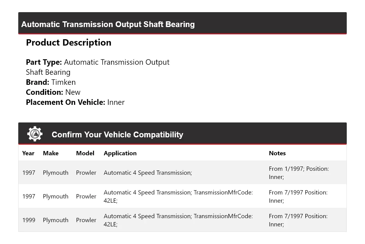 1997 & 1999 Plymouth Prowler Automatic Transmission Output Shaft Bearing Inner - Timken 975VC74 image 2
