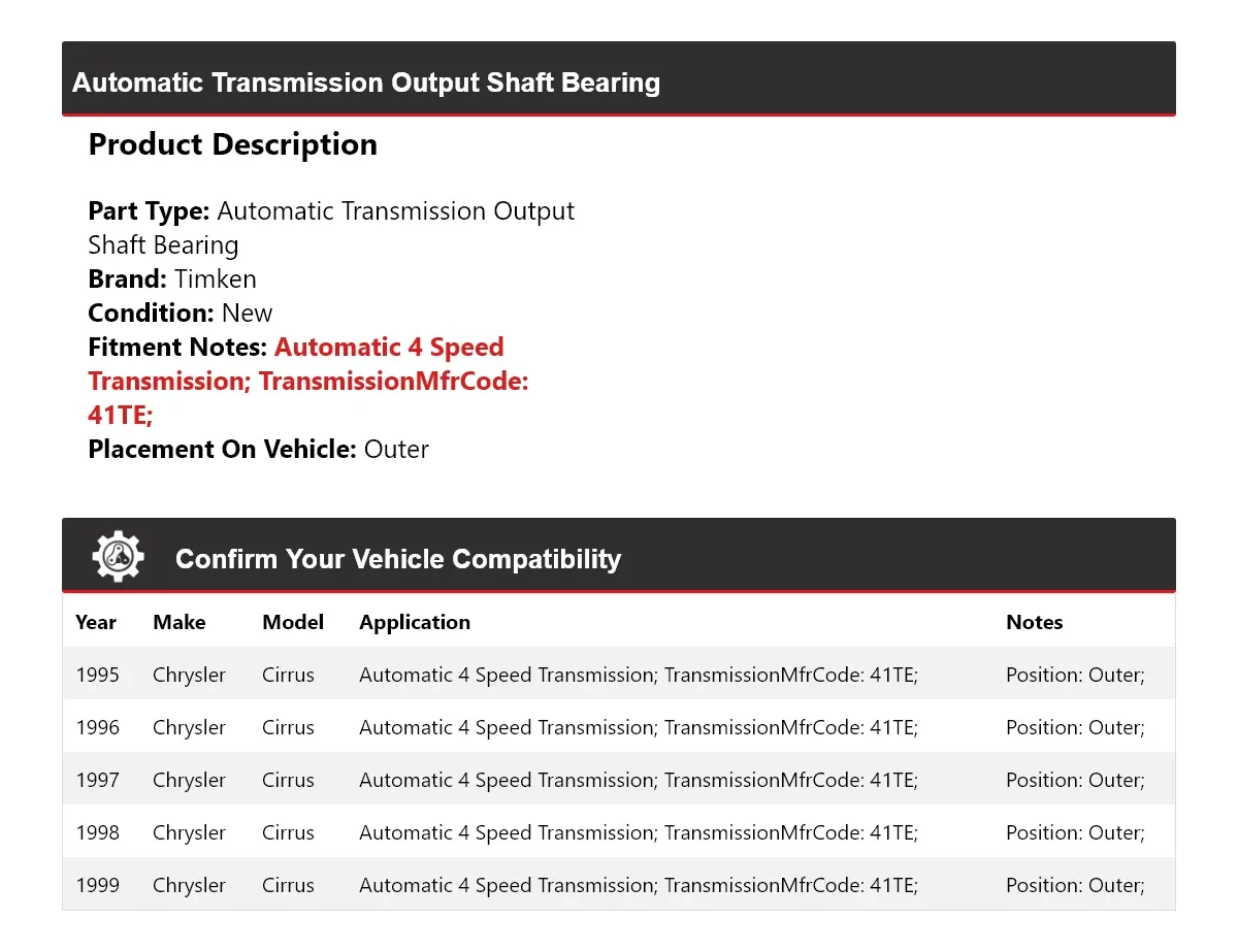 1995-1999 Chrysler Cirrus Automatic Transmission Output Shaft Bearing Timken 946VU02 image 2