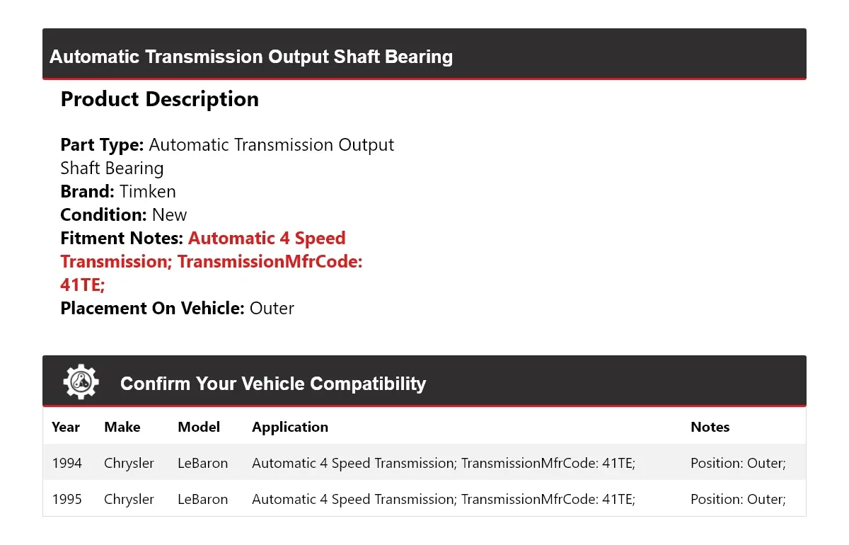 1994-1995 Chrysler LeBaron Automatic Transmission Output Shaft Bearing Outer Timken 579NM50 image 2