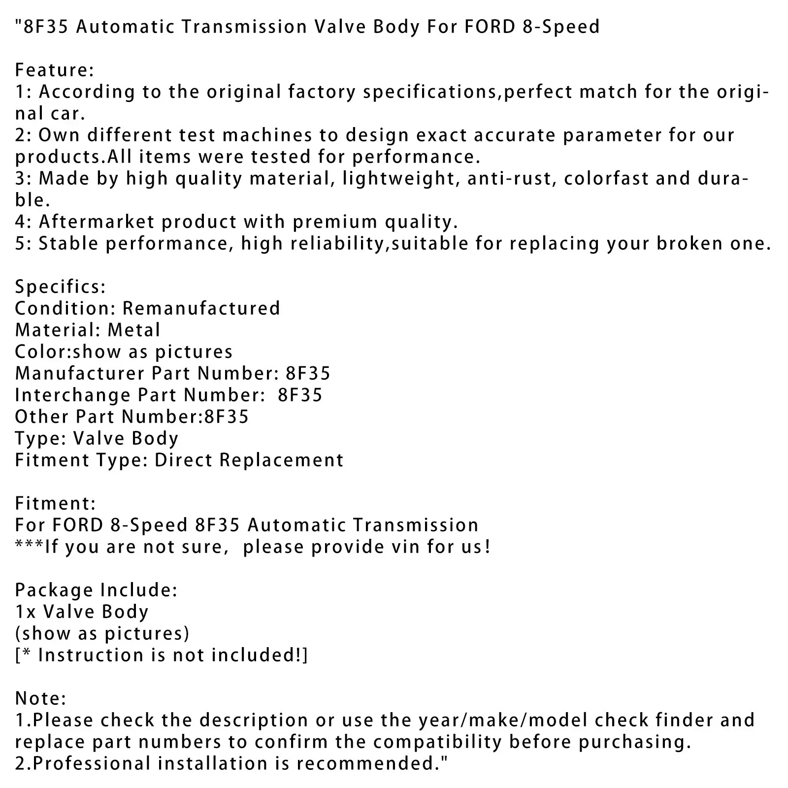 2018-2024 Transit Connect 8F35 Mechanica Transmission Valve Body JM5Z-7A100-E image 2