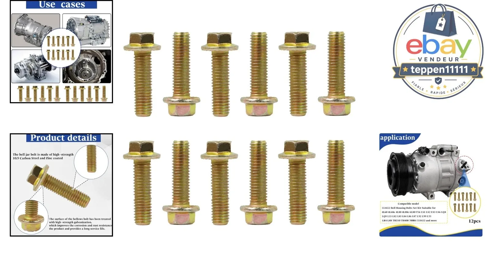 Bell Housing Bolts 551652 12 Pcs M12x1.25 Zinc Carbon Steel Hex Flange image 2