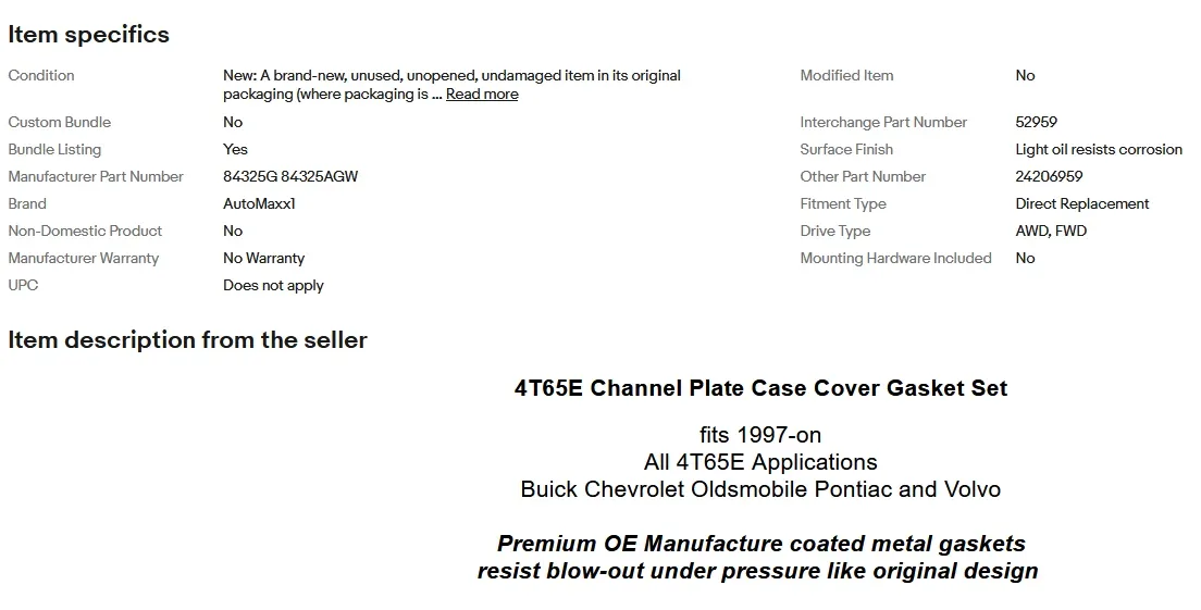 1997-2011 GM & Volvo 4T65E Channel Plate Gasket Set - 84325G 84325AGW image 3