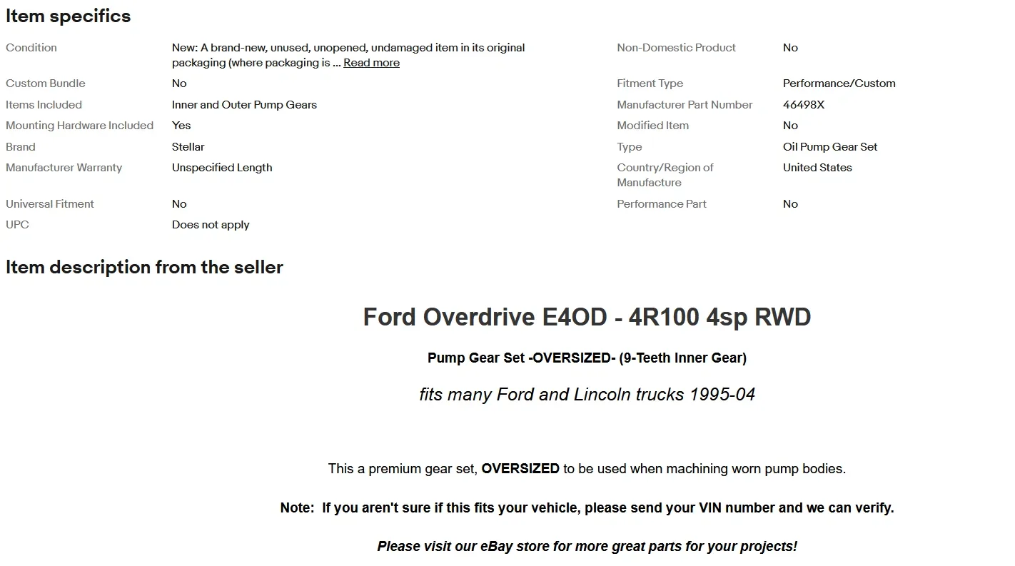 1995-2004 Ford E4OD / 4R100 Transmission Oil Pump Gear Set MPN 46498X image 3