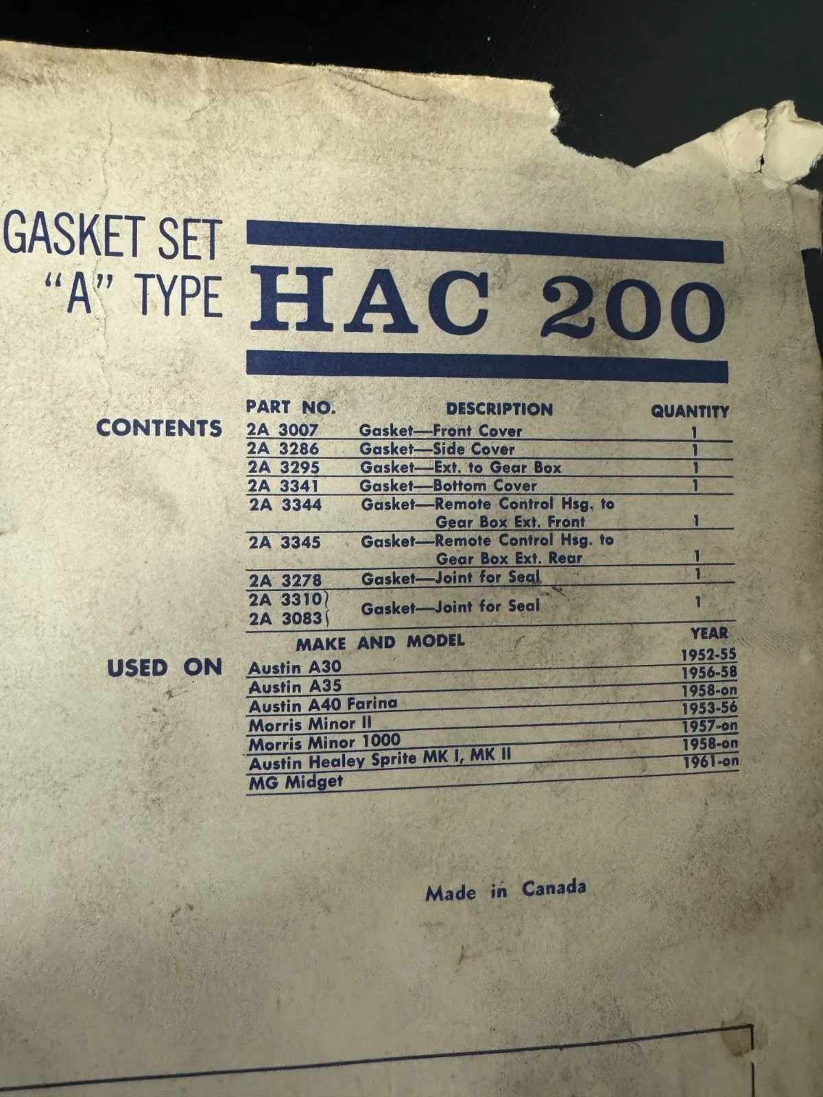 BMC HAC 200 A-Type Transmission Gasket Set (NOS) image 2