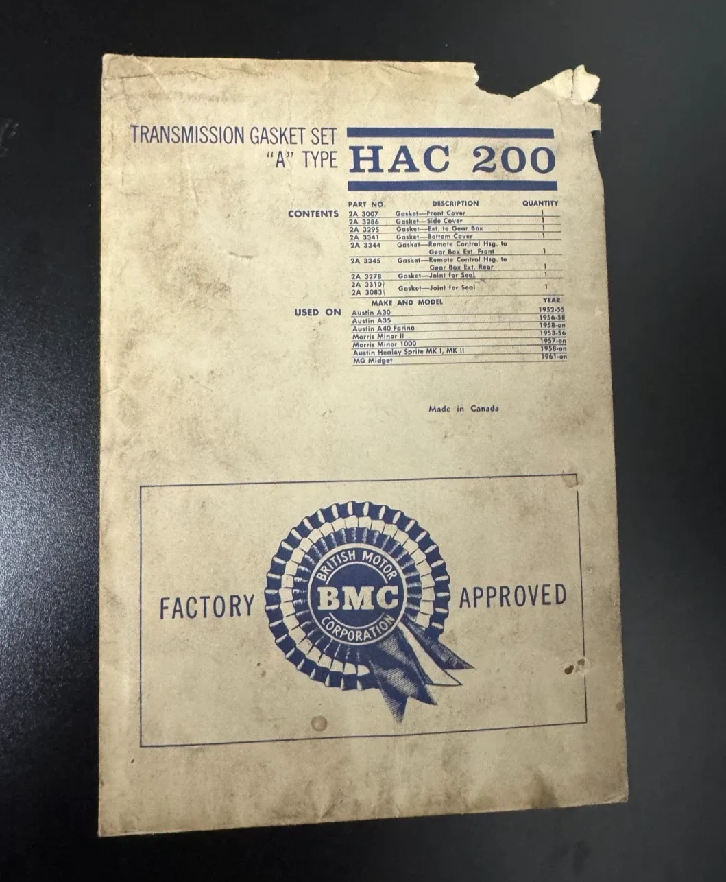 BMC HAC 200 A-Type Transmission Gasket Set (NOS)