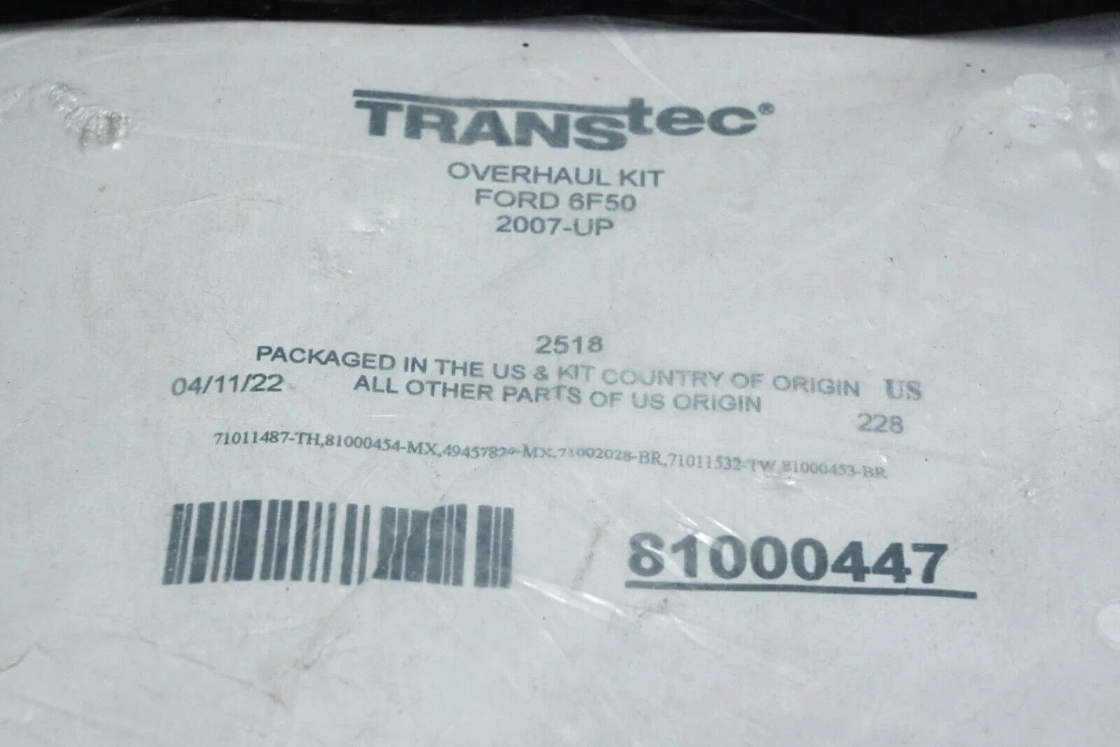 2007+ Ford / Lincoln / Mercury 6F50/6F55 TransTec Overhaul Kit MPN 81000447 image 2